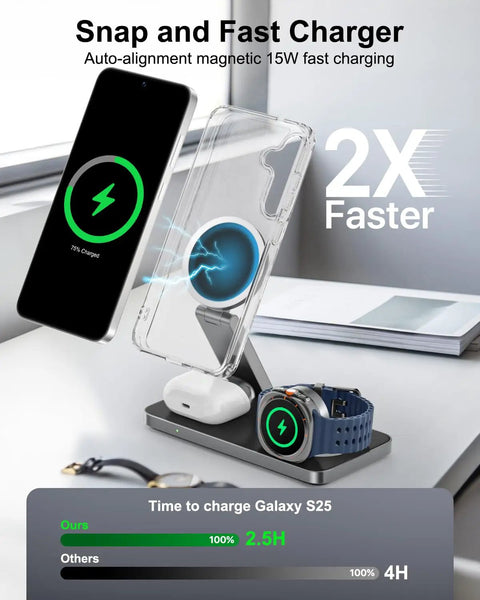 3-In-1 Magnetic Wireless Charging Station For Galaxy Phones Watches And Buds, phone and watch charging on desk