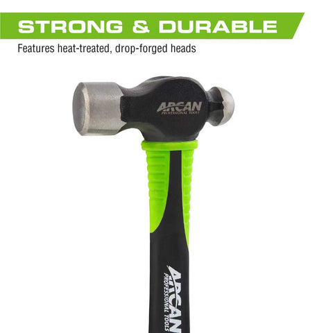 Close-up of Beefy 16 Oz Hammer, 297 Mm Fiberglass Handle, Drop Forged Head, Rubber Grip, Bright Green Visibility, Heavy Duty Tool