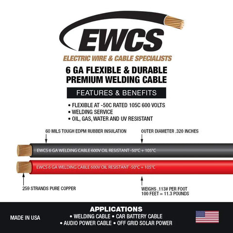 Beefy 6 Gauge Premium Extra Flexible Welding Cable 600 Volt Combo Pack, 15 Feet Each Black And Red, Features And Benefits