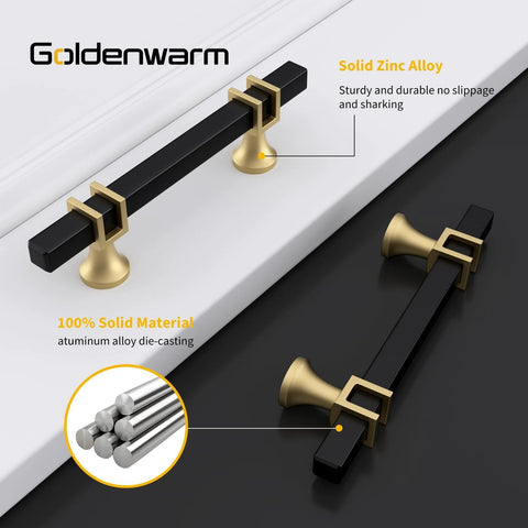 10 Pack 3 Inch Black And Gold Cabinet Handles Square Drawer Pulls for Dresser with Zinc Alloy