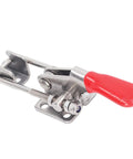 Heavy Duty 304 Stainless Steel Toggle Clamp With Strong Holding Latch Buckle For Electronic Assembly And Welding Projects, showing red handle and durable latch.