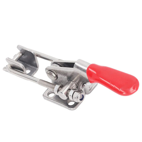 Heavy Duty 304 Stainless Steel Toggle Clamp With Strong Holding Latch Buckle For Electronic Assembly And Welding Projects, showing red handle and durable latch.