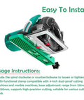 Adjustable Cutting Machine Base Guide With Extended Length Positioning Clamp For Circular Saws shown in green with usage instructions.