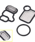 Honda VTEC Solenoid Gasket Kit 3 Pack For Civic CR-V Accord RSX TSX Element Fit RDX With Spool Valve Filter Screen O-Ring Gasket OEM Replacement 15815-RAA-A02 15815-RAA-A01 15815-PNA-003 91319-PAA-A01, showing detailed view of gaskets and filter screen.