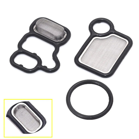 Honda VTEC Solenoid Gasket Kit 3 Pack For Civic CR-V Accord RSX TSX Element Fit RDX With Spool Valve Filter Screen O-Ring Gasket OEM Replacement 15815-RAA-A02 15815-RAA-A01 15815-PNA-003 91319-PAA-A01, showing detailed view of gaskets and filter screen.