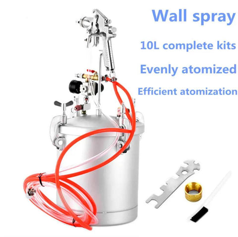 Pro Grade 10L Pneumatic Paint Pressure Pot With Upgraded Dual Flow Spray Cannon For Imitation Stone And Marble Effects Smooth Lacquer Airbrush Rig showing complete kit with red hoses.