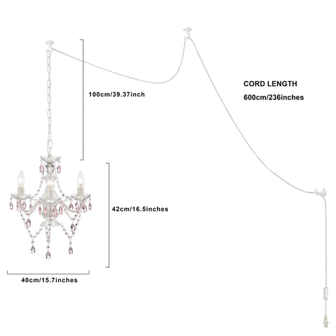 Plug In Mini Crystal Chandelier For Girls Room White And Pink With Sparkling Crystal Drops 3 Light Hanging Lamp For Bedroom