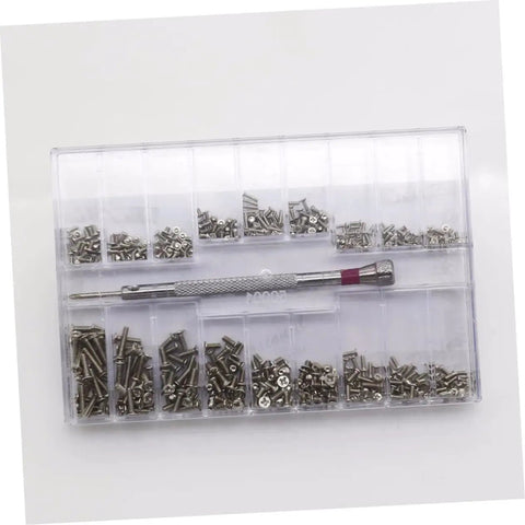 Handy Mini Screw Kit For Glasses And Laptops With Steel Mini Screws And Precision Screwdriver in a clear organized case.