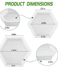 Product dimensions of two-size hexagon stepping stone molds for concrete, showing sizes and side view details.