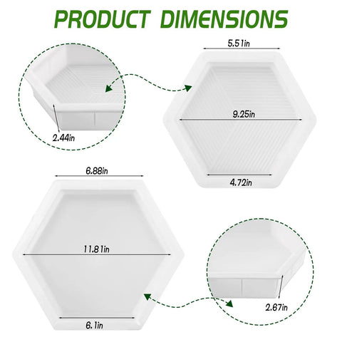 Product dimensions of two-size hexagon stepping stone molds for concrete, showing sizes and side view details.