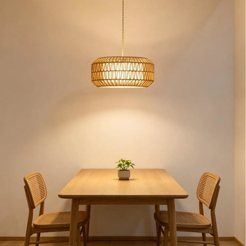 18 Inch Plug in Pendant Light, Boho Hanging Lamp with 15.7FT Light Cord illuminating a wooden dining table and chairs.