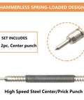 Heavy Duty Two Piece Spring Loaded Hammerless Center Punch Kit shows 2pc high speed steel center punch for precision marking.