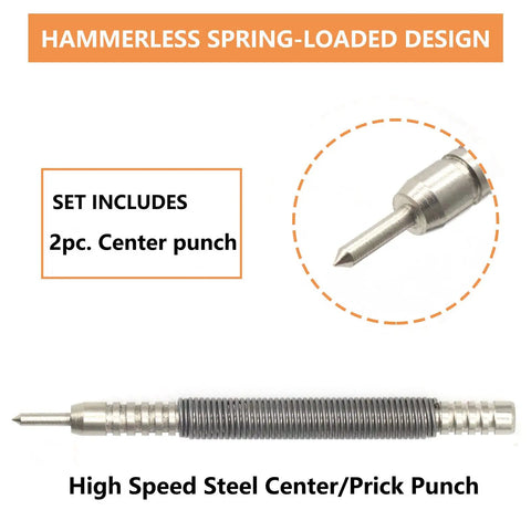 Heavy Duty Two Piece Spring Loaded Hammerless Center Punch Kit shows 2pc high speed steel center punch for precision marking.