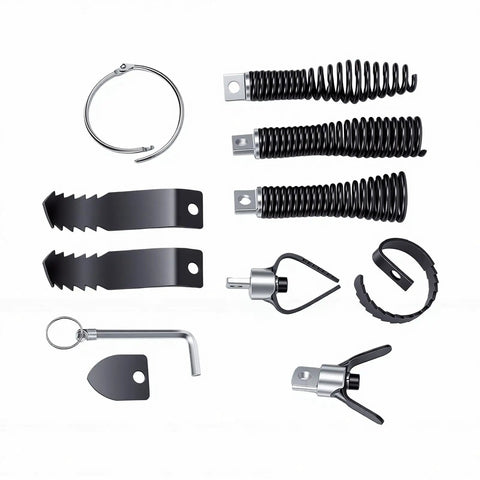 Heavy Duty Drain Snake Attachment Kit For Electric Drain Cleaners Nine Piece Rock Solid Screw Lock Head with tools and components.