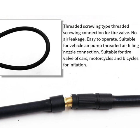 Top Shelf Universal Rotary Screw Air Pump Extension Hose For Car Trucks SUV Tires Thread Connector With Easy Twist Install Take Off Screw On Inflation Tube Tool Makes Smooth Fast Fill Up Anytime Weather Proof Durable Gear black PVC hose with threaded brass connector for tire inflation