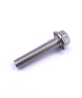 Close-up of a metal bolt with threaded body and hexagonal head on a white background.