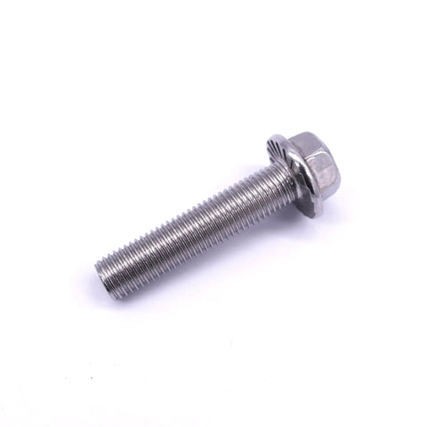 Close-up of a metal bolt with threaded body and hexagonal head on a white background.