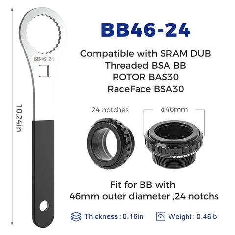 Beefy Heavy Duty Bike Bottom Bracket Tool For 46 OD 24 Notch, Cr-V Steel With Ni-Cr Plating, One Half Inch Drive, shown with dimensions