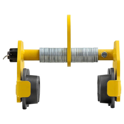 Beefy Heavy Duty Beam Trolley Hoist For 3 Ton Load Capacity Up To 6600 Lbs With Dual Track Rollers And Adjustable 2.5 To 5 Inch Flange For I Beam Steel Lifting And Precise Manual Or Electric Positioning, yellow steel trolley with dual rollers