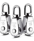 6 Pack 0.59 Inch Single Pulley Block 304 Stainless Steel M15 Crane Swivel Hook Single Pulley Roller in close view