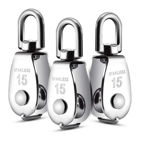 6 Pack 0.59 Inch Single Pulley Block 304 Stainless Steel M15 Crane Swivel Hook Single Pulley Roller in close view