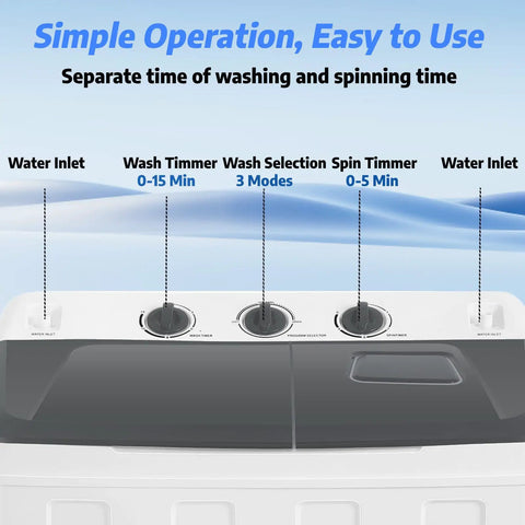 Control panel of Portable Twin Tub Washing Machine With 19 Pound Washer And 11 Pound Spinner Dryer featuring timers and settings.