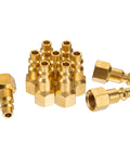Quarter Inch NPT Female Brass Air Plug For Air Hose Fittings And Compressor Attachments Heavy Duty Pneumatic Gear Great For Inflatables And Pneumatic Tools Pro Grade 10 Pack, showing side view of 10 brass plugs.