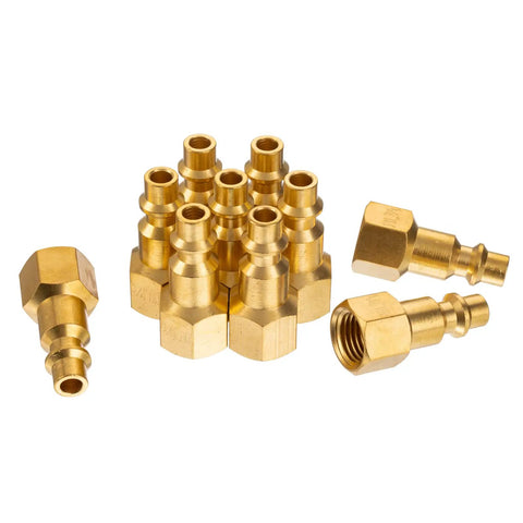 Quarter Inch NPT Female Brass Air Plug For Air Hose Fittings And Compressor Attachments Heavy Duty Pneumatic Gear Great For Inflatables And Pneumatic Tools Pro Grade 10 Pack, showing side view of 10 brass plugs.