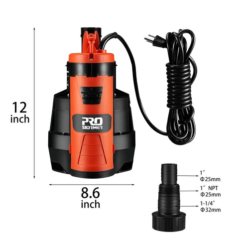 Front view of Beast Mode Heavy Duty 1HP Sump Pump with 3500GPH flow for pools, ponds, and basements, showing 16 ft power cord and dimensions