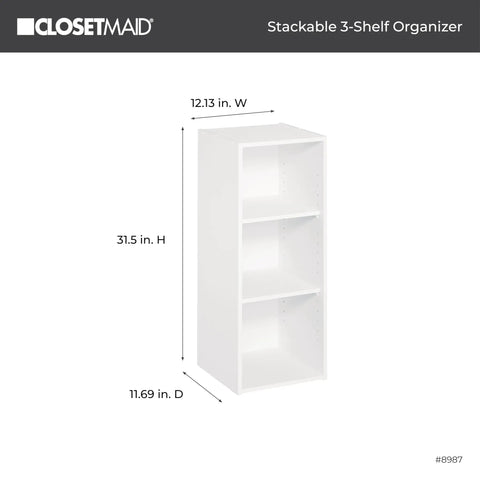 Sturdy Stackable Three Shelf Closet Organizer in White Finish for Clothes and Office Storage Space Saver with Enclosed Back