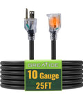 Coiled 25 Foot Lighted Outdoor Extension Cord with 3 prong grounded plug, heavy duty 10 3 SJTW cable, UL listed, LED end indicators