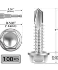 Kickass Heavy Duty Size Fourteen By One Inch Sheet Metal Screws Self Drill through panels, hex washer head and dimensions, pack of 100.