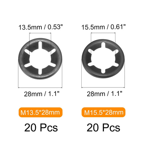 Internal Tooth Lock Washers Set, 40 Pcs, M14 X 28mm And M16 X 28mm, size comparison with dimensions labeled