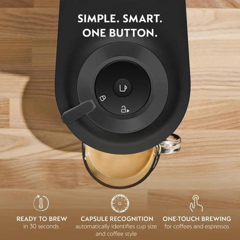 Top view of Vertuo Pop Plus Deluxe Coffee And Espresso Maker By DeLonghi In Black Matte with Dark Chrome showing one-button interface.