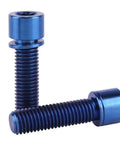 Top Shelf Grade 5 Titanium Hex Bolts M7 25 Millimeter Size With Included Flat Washers Built Tough Ride Ready Rust Proof Bike Hardware Upgrade Pack Of 4 Blue close-up view of two blue titanium bolts.