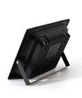Rear view of JUDYSSY 25W Led Dusk to Dawn Solar Flood Light, black finish, emphasizing cooling fins, suitable for outdoor use.