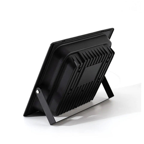 Rear view of JUDYSSY 25W Led Dusk to Dawn Solar Flood Light, black finish, emphasizing cooling fins, suitable for outdoor use.