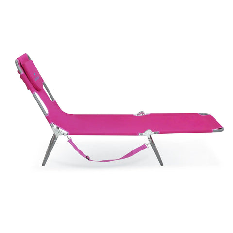Side view of Chaise Lounge Portable Reclining Lounger For Outdoor Patio Beach Lawn Camping And Pool 72 By 22 Inch Pink with pillow