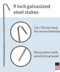 Diagram detailing 30 Pack Tent Stakes 9 Inch Galvanized Steel Ground Spikes With 1 Inch Hook Built Tough Rust Resistant 8 Gauge For Tents Fences Tarps Decorations Inflatables Outdoor Use Made In USA features and dimensions