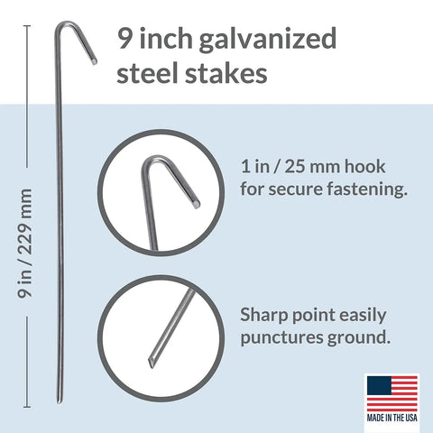 Diagram detailing 30 Pack Tent Stakes 9 Inch Galvanized Steel Ground Spikes With 1 Inch Hook Built Tough Rust Resistant 8 Gauge For Tents Fences Tarps Decorations Inflatables Outdoor Use Made In USA features and dimensions