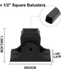 Swivel Shoes For Half Inch Square Balusters, Aluminum Build With Anti-Corrosion Coating, shown in black aluminum, dimensions labeled.