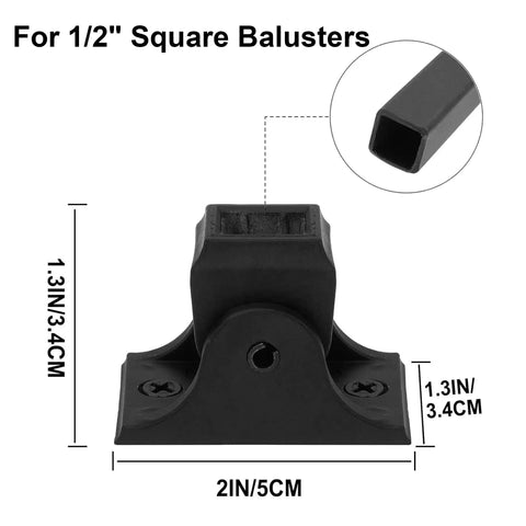 Swivel Shoes For Half Inch Square Balusters, Aluminum Build With Anti-Corrosion Coating, shown in black aluminum, dimensions labeled.