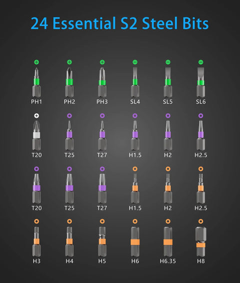 All In One 24 In 1 Magnetic Ratchet Screwdriver Set With Detachable Handle And S2 Steel Bits for various screw types and sizes.