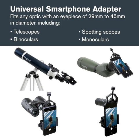 Universal Smartphone Adapter For Telescope Binoculars And Spotting Scopes Lets You Capture High Quality Photos And Video Through Your Eyepiece With A Durable Metal Body Compact And Travel Ready, shown with various optics and attached smartphones.