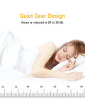 Woman sleeping peacefully on white sheets showcasing Quiet Gear Design of a device reducing noise to 20-30 dB.