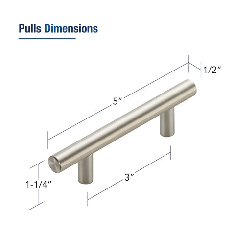 Dimensions of Six Pack 5 Inch Cabinet Pulls With 3 Inch Hole Centers Stainless Steel Drawer Handles Brushed Nickel Finish