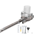 Compact Wood Router And Laminate Trimmer with Palm Handle, metal base, clear cover, includes tools and 11mm bit for woodworking.