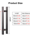 Industrial Sliding Glass Door Handles dimensions chart with lengths and hole distances in cm and inches.