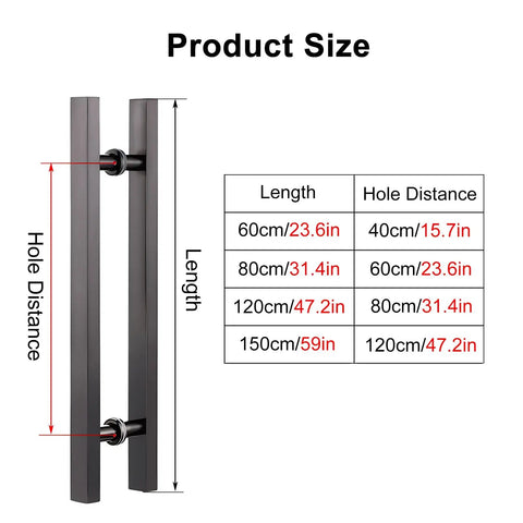 Industrial Sliding Glass Door Handles dimensions chart with lengths and hole distances in cm and inches.