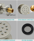 Six Pack Round Brass Shower Body Spray Jets With Brushed Nickel Finish for Spa Like Massage Showerhead Kit features